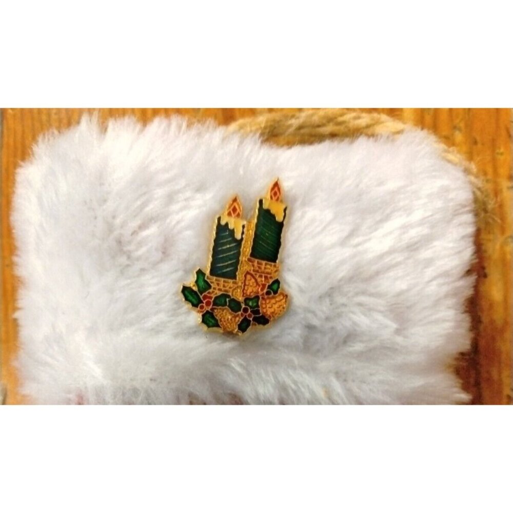 Enamel Candle Holly Brooch Pin Vintage Holiday Jewelry